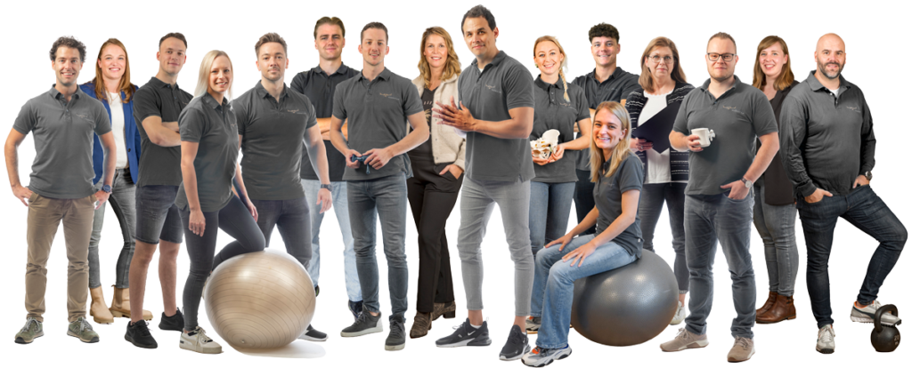 Groepsfoto van het team van Beweegkliniek Sittard, bestaande uit fysiotherapeuten en chiropractors